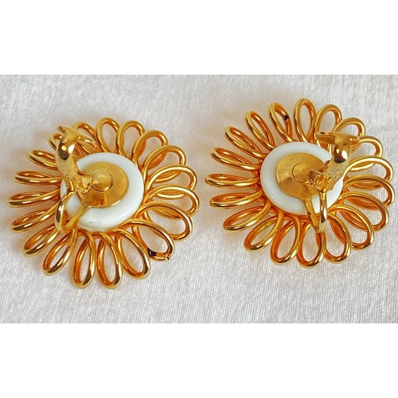 Emmons Sunflower Earrings Large Gold Tone And White Cabochon Clip on - Picture 4 of 5